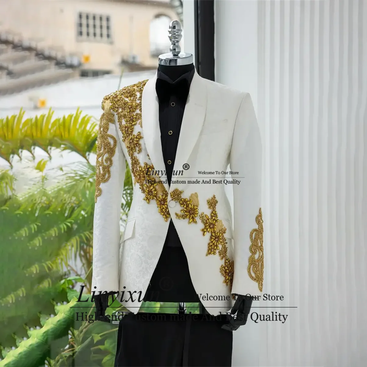 

Luxury Rhinestones Lace Men Suits 2 Pieces Sets Wedding Groom Tuxedos Slim Male Prom Blazer Dinner Party Costume Homme Marrige