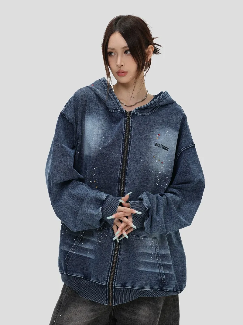 American High Street Fashion Trend Heavy-duty Rhinestone Cardigan Denim Sweatshirt Loose Casual Zipper Hooded Jacket for Men