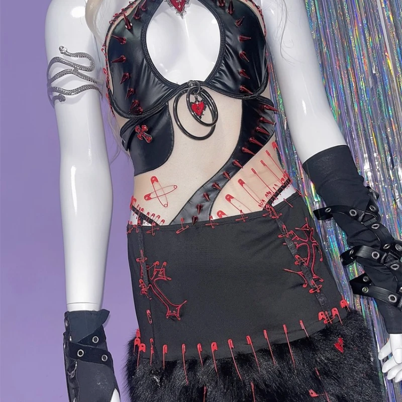 European American Design Punk Sexy Hollow Out Women's Jumpsuit Gothic Dark Hairy Edge Embroidered Skirt Two-Piece Set Ladies