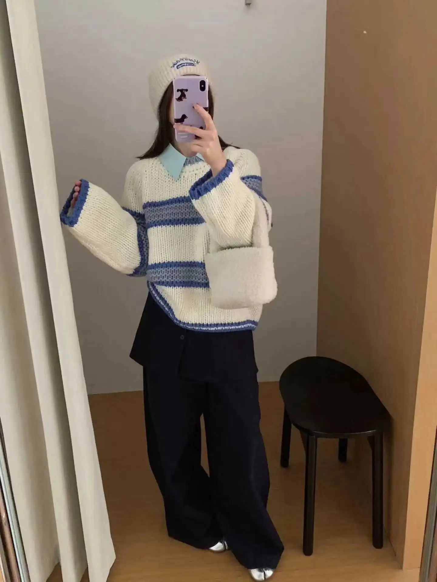 Chic Loose Long Sleeve Knitted Sweater round Neck Striped Autumn Winter New Style Women's Regular Fit Comfortable Casual Sweater