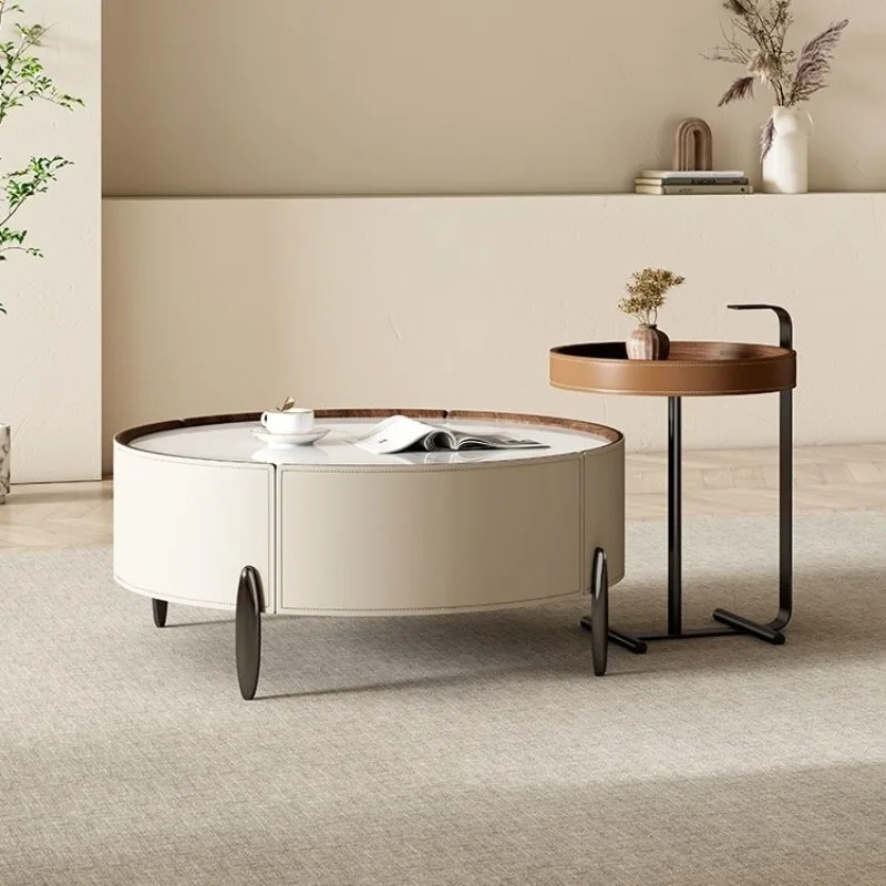 Round coffee table, Italian style rock slab combination, simple cream saddle leather, solid wood living room edge table