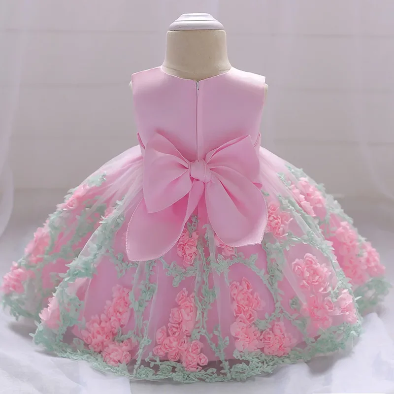 Baby Girl's Baptism Princess Dress, Laço, Flor, Rendas, Sem Mangas, Malha, Tutu, Birthday Party, Casamento, Novo