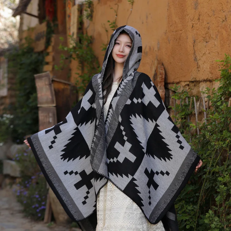 

Autumn Winter Warm Knitted Cross Shawl Wear With Hat Faux Cashmere Women Striped Cape Bat Type Jacquard Outerwear Poncho Cloak