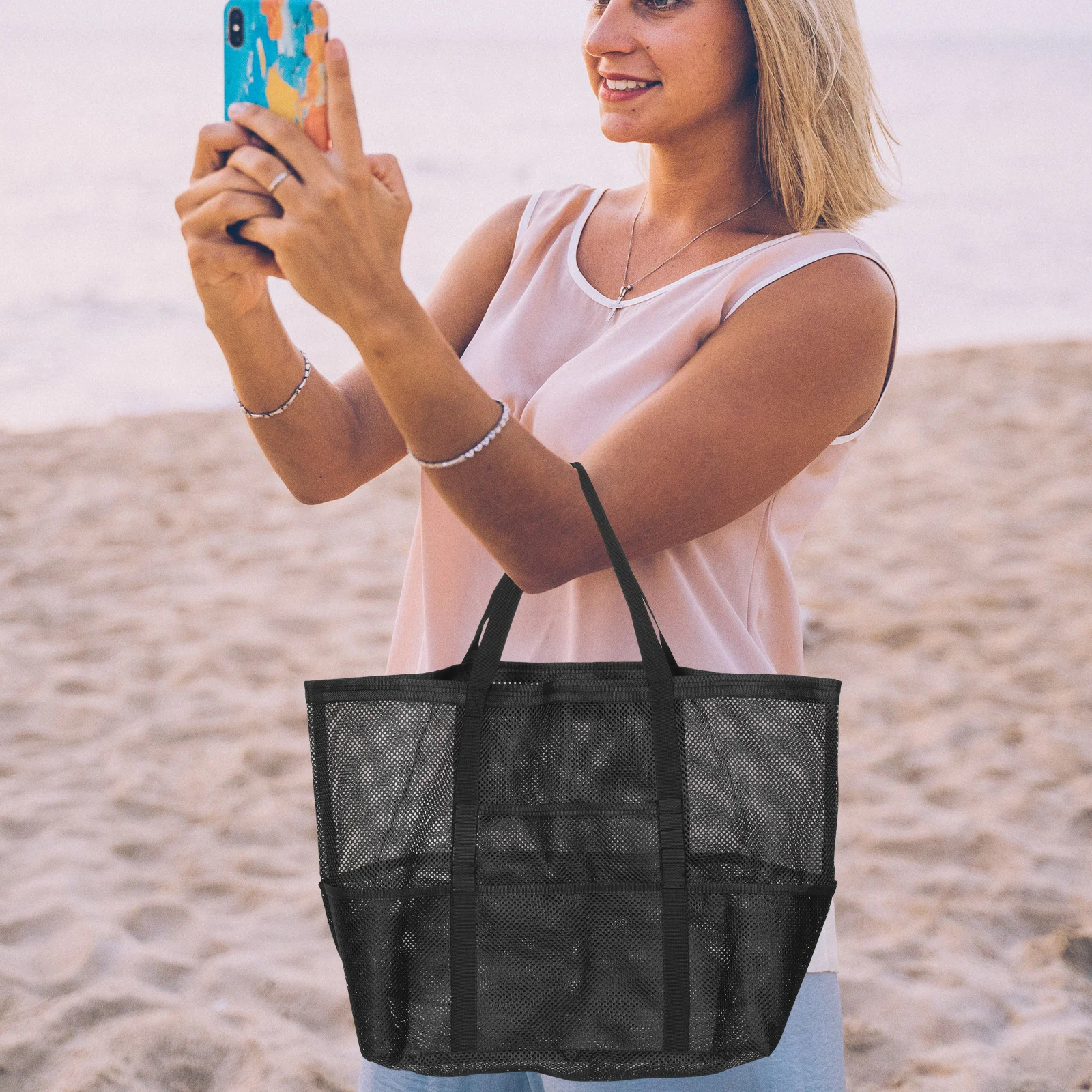 Large Mesh Swim Beach Tote Bag with Zipper Pocket Portable Lightweight Handle Design for Outdoor Sand Storage Pool