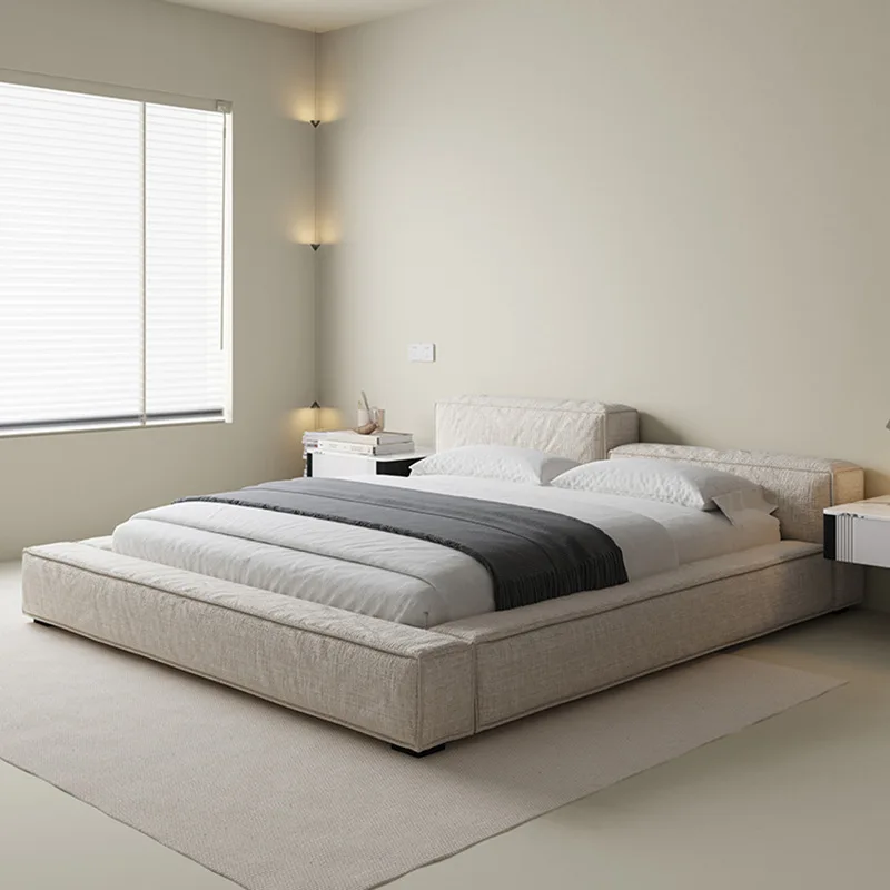 Linen special-shaped fabric bed master bedroom double bed wabi-sabi wind tatami cloth bed high and low backrest tofu block