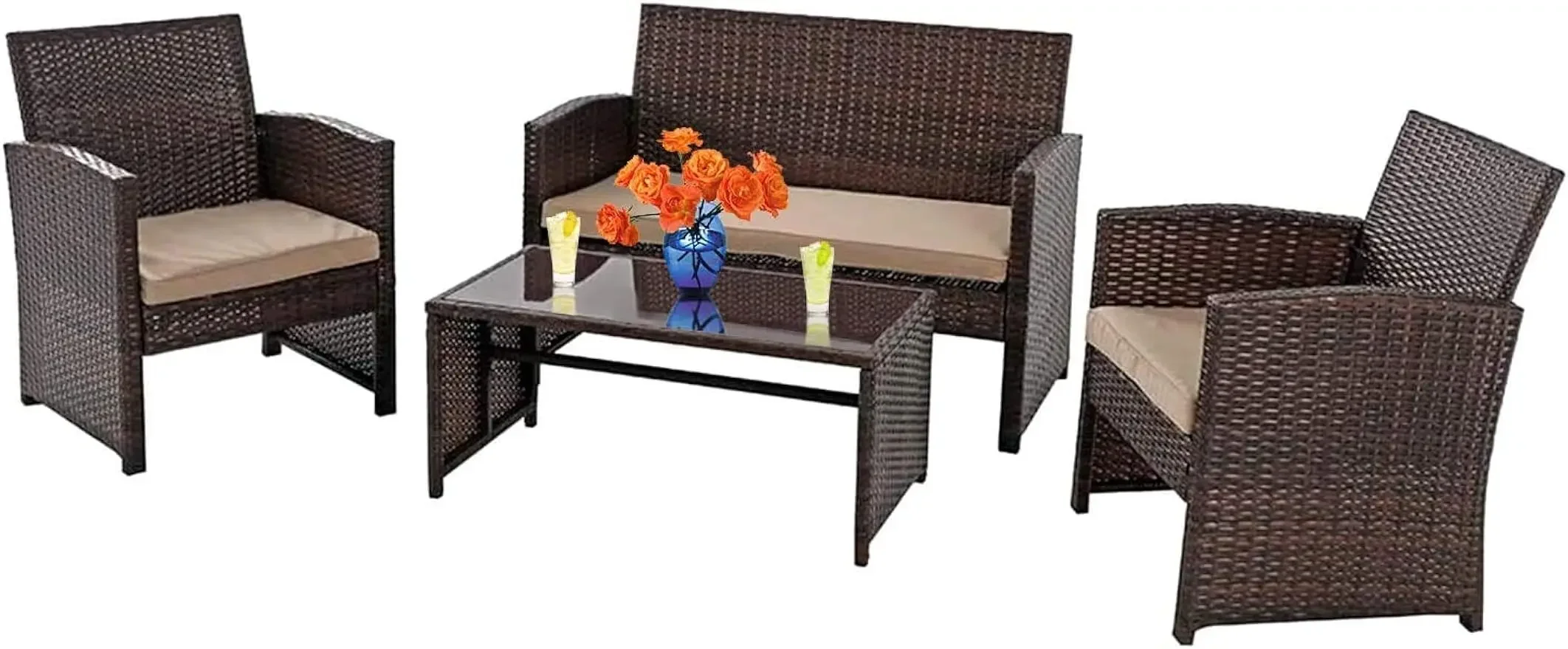 

4pcs Rattan Wicker Conversation Sets Lawn Chairs Porch Poolside Balcony Garden Outdoor Furniture,All-Weather Design,Brown