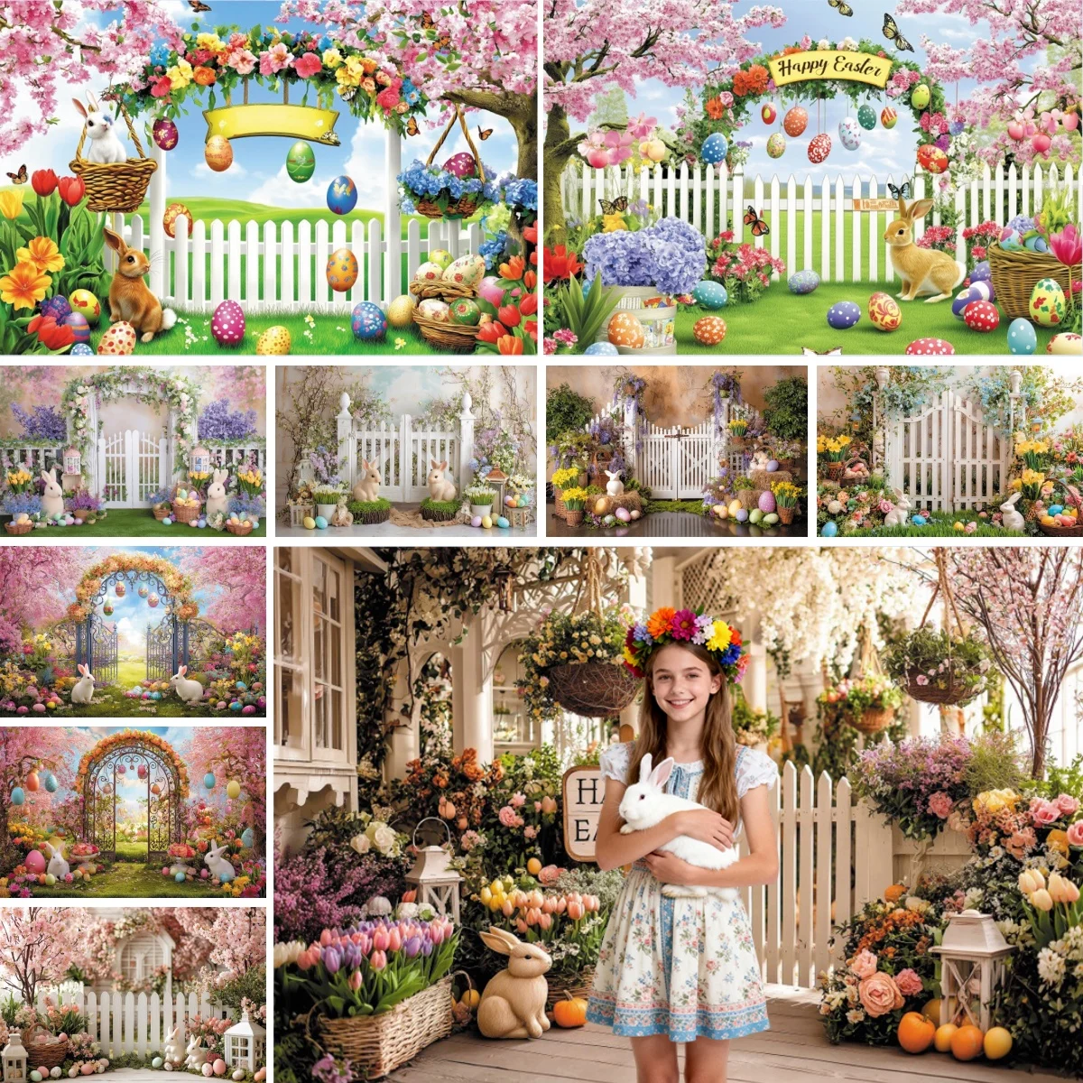 Spring Easter Photography Backdrop Garden Fence Flowers Eggs Rabbit Wedding Birthday Party Decor Girls Portrait Photo Background