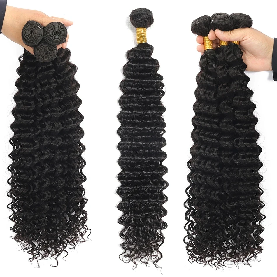 Pacotes de Cabelo Humano Encaracolado com Laço Transparente Frontal, Onda Profunda, Extensão Brasileira para Mulheres, Tecer 3 Pacotes e Fechamento, 13x4