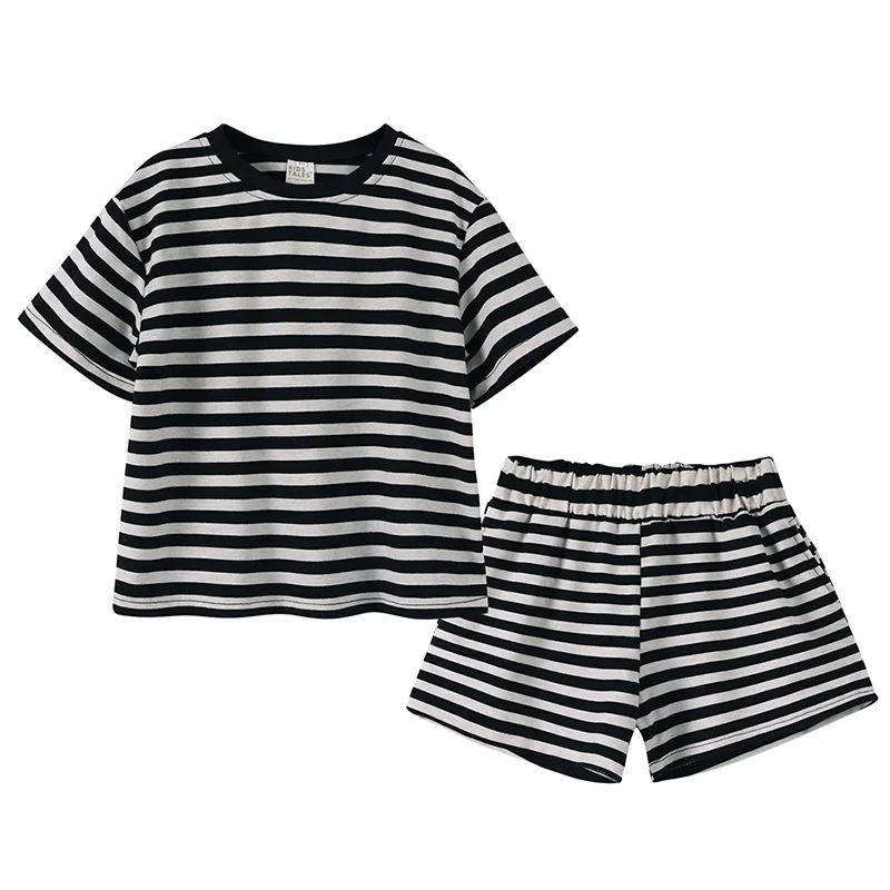 2Piece Sets Summer Toddler Girls Clothes Korean Fashion Stripe Short Sleeve Cotton Baby Tops+Shorts Kids Boutique Clothing B140