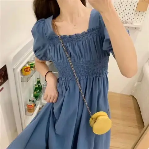 스윗 레트로 스퀘어 칼라 미니 드레스 티 브레이크 첫사랑 롱 블랙 드레스 허리 조절 여름 패션 여성 드레스