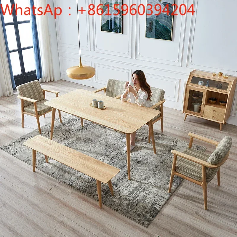 Nordic dining table, pure solid wood dining table and chair combination, household dining table, North American white wax wood