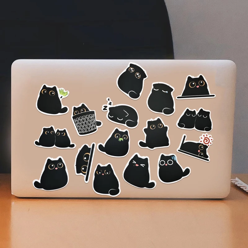80 قطعة من ملصقات القطة السوداء اللطيفة كاواي باللونين الأبيض والأسود لزجاجات المياه وملصقات شارات الفينيل الجمالية المقاومة للماء