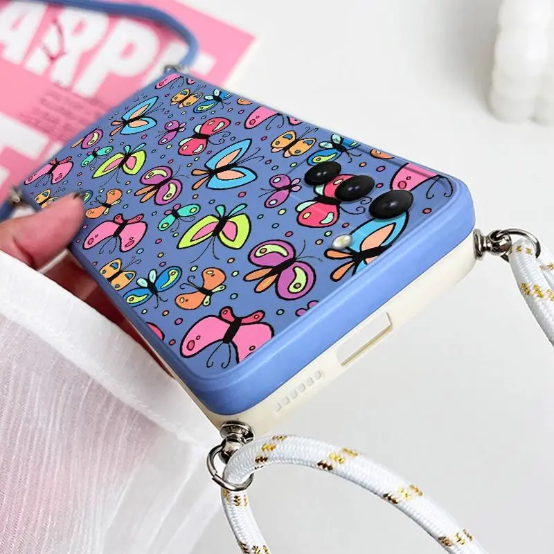 Charm Butterfly Crossbody Lanyard Silicone Phone Case For Samsung Galaxy S23 S22 S21 S10 S9 S8 Plus Note 20 ultra 10 Plus Cover