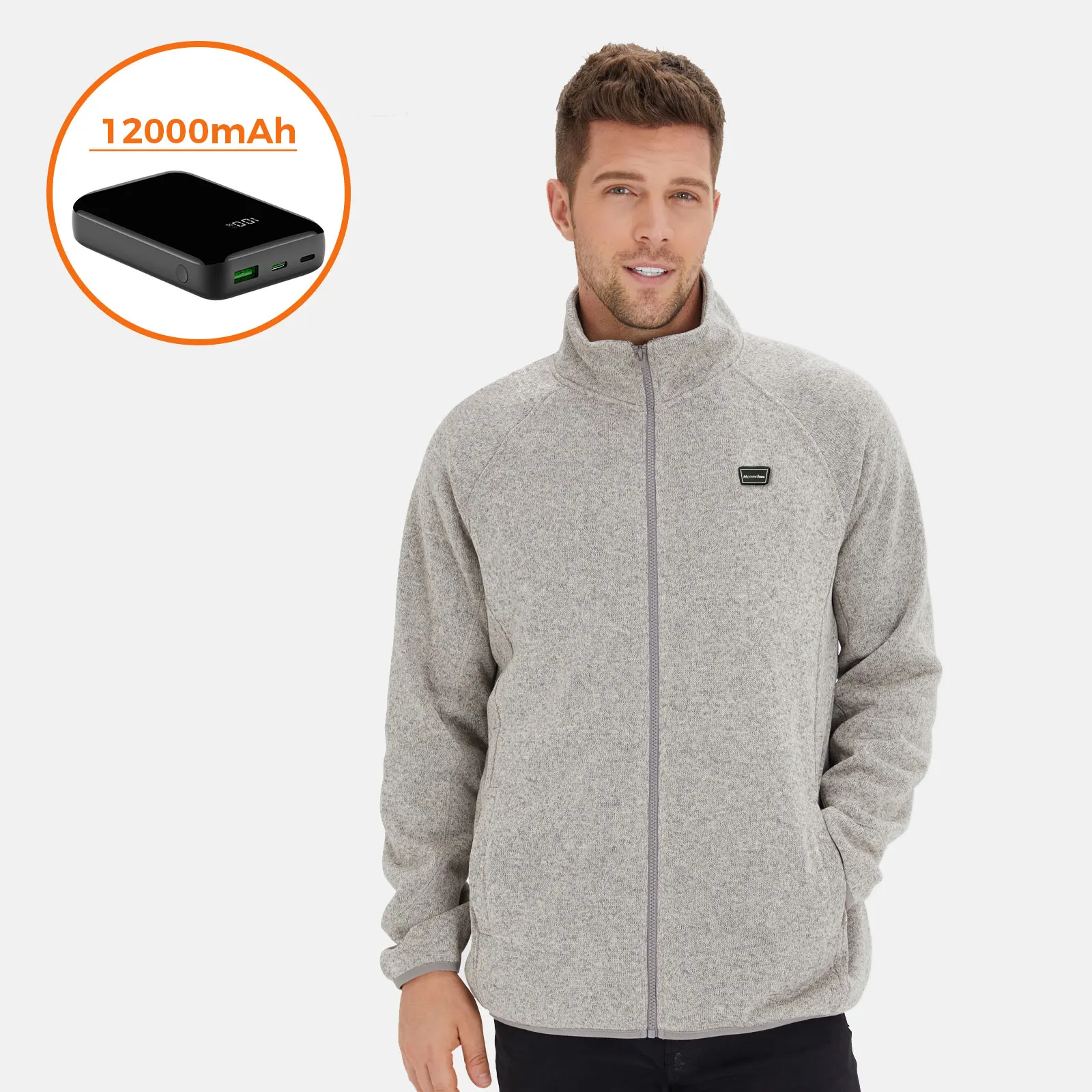 

Men's Heated Fleece Jacket Full Zip with Battery Pack 12000mAh 3 Heating Zones Winter Warm Outdoor Camping Hiking Hunting Gray