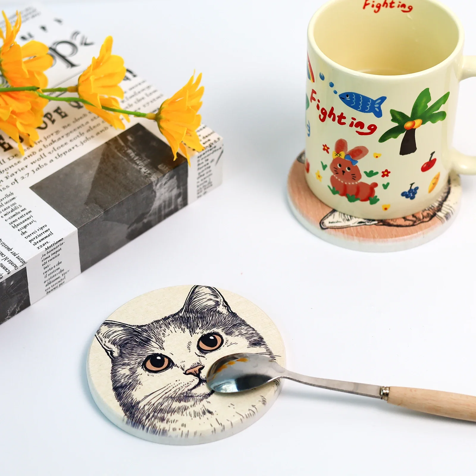 Round Coasters Ceramic Cat Cork Absorbent Insulated Table Protection Non-Slip Drinks Coffee Mat Kitchen Items Accessories