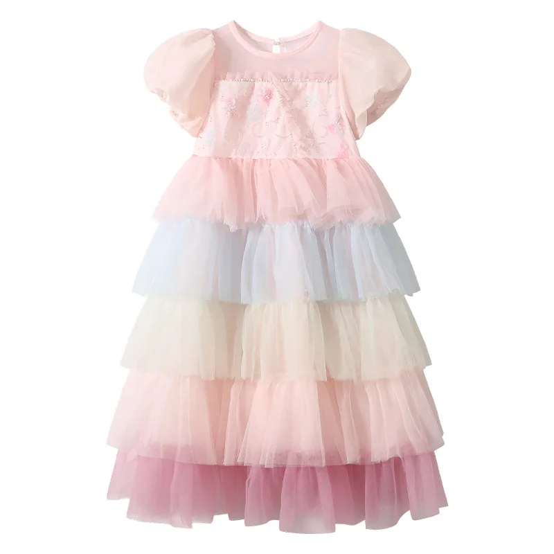 New Baby Summer Girls Boutique Sequined  Mesh  Flower Rainbow Dress, Princess Kids Fashion Party  Dresses  4-9