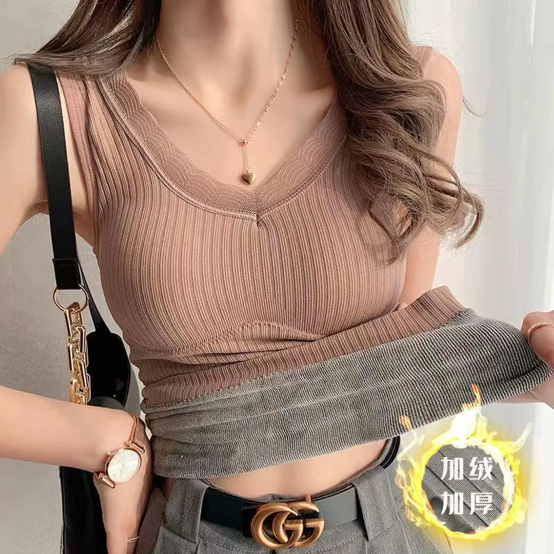 Nice Woman Women's Intimates Thermal Underwear Tops Warm Plush Thick Vest Sexy V-neck Warm Back Women Base Suspender Vest Underw