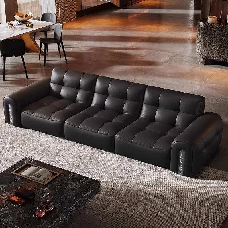 

Italian minimalist sofa pull black first layer cowhide leather sofa