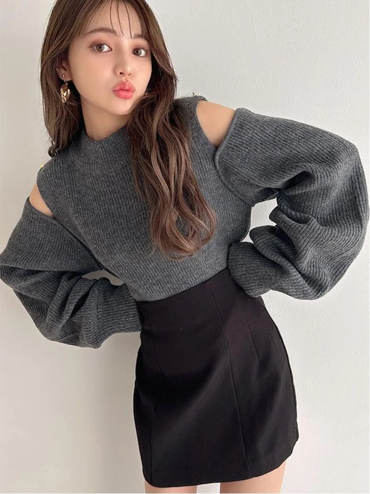 

2025 Japanese Sweet Wild Knit Top: Plush Round Neck Off-Shoulder Solid Color Pullover, Kawaii Winter Elegant Blouse