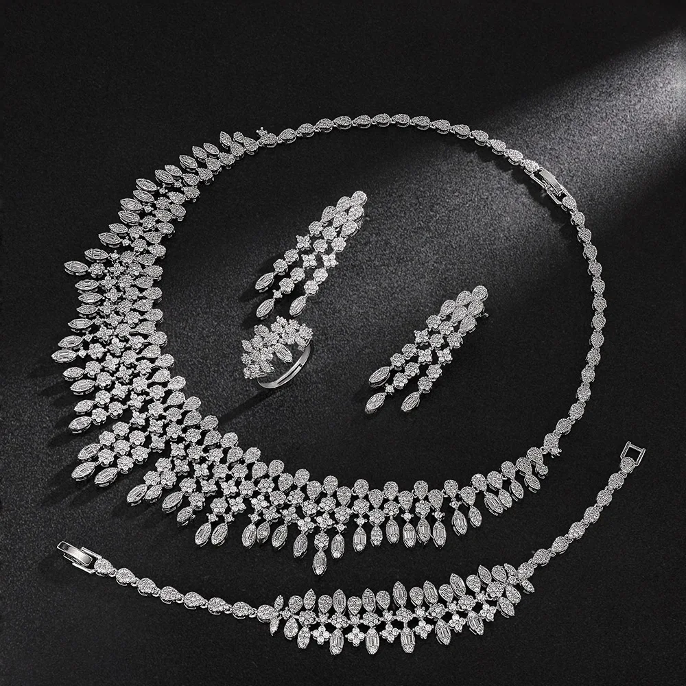 3PCS Luxury AAA Cubic Zirconia Tassel Choker Statement Necklace Bracelet Earring Ring Set for Women Bridal Wedding Party Jewelry