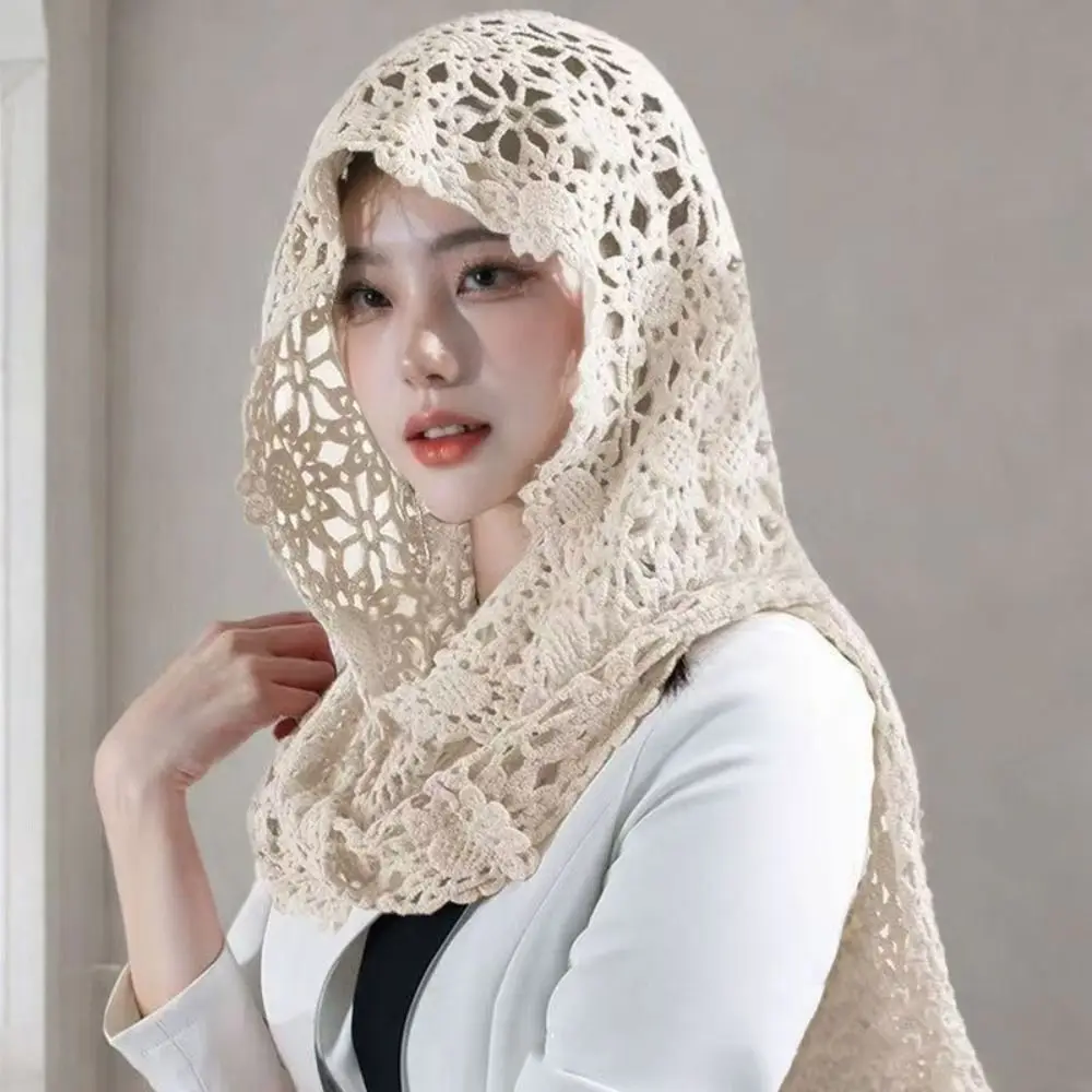 

Simple Flower Hollow Out Crochet Shawl White Thin Lace Scarf Cloak Scarf Accessories Hooded Scarves Female