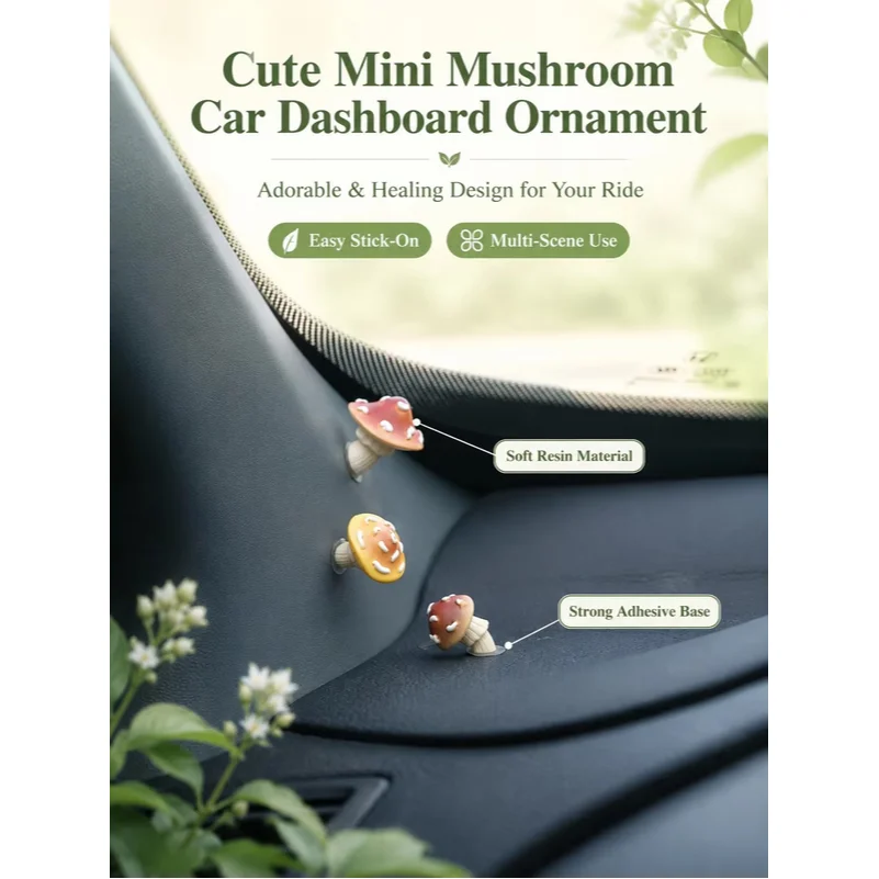 Cute Mini Mushroom Car Dashboard Ornament, Adorable Healing Design for Your Ride, Soft Resin Multi-Scene Decor