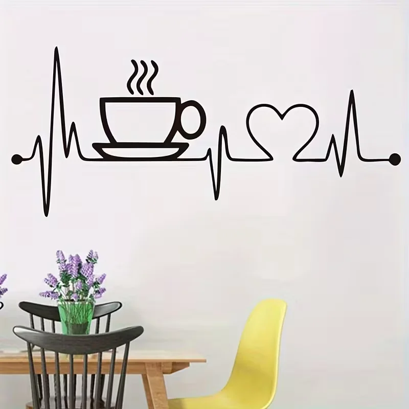 1pc Creative Wall Sticker, Coffee Cup Heartbeat Pattern Self-Adhesive Wall Stickers, Kitchen Cafe Bar Home Decoration Wall Stick