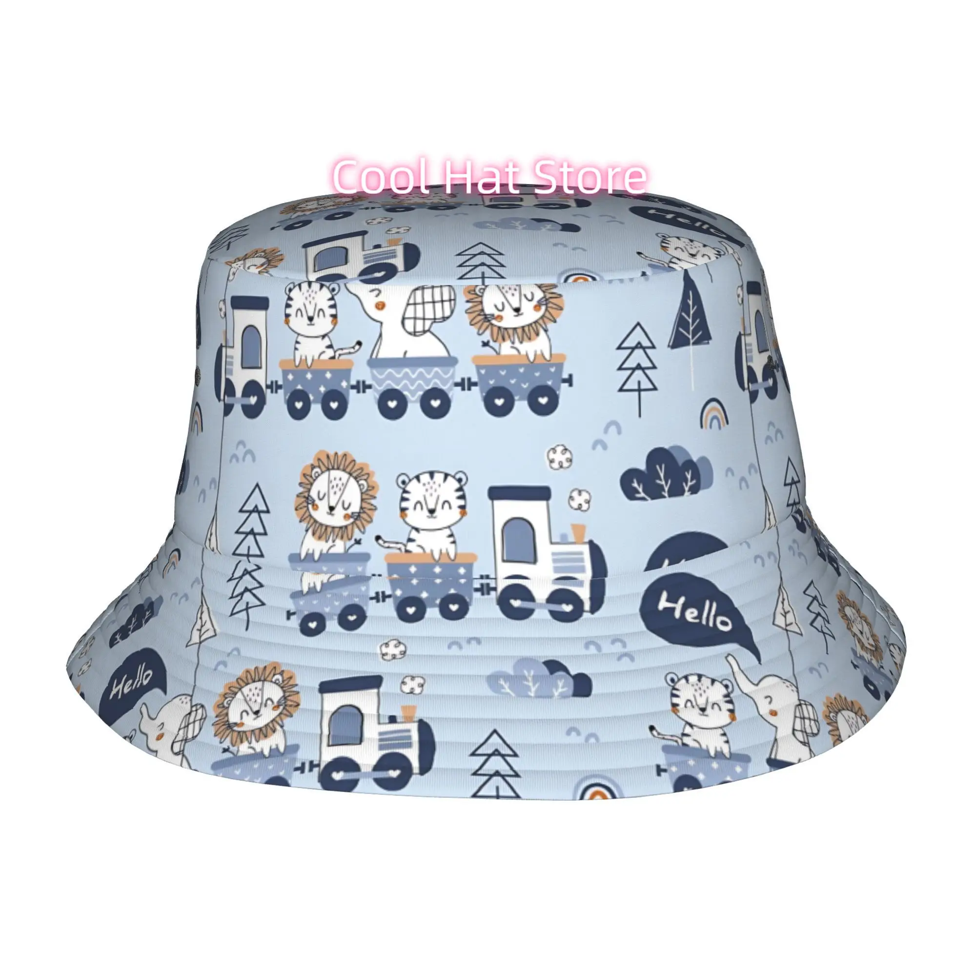 1pc & Cute Lion & Tiger Train Bucket Hat - Animal Print Sun Hat with Choo-Choo Train, Unisex Outdoor for Birthday Party, Christm