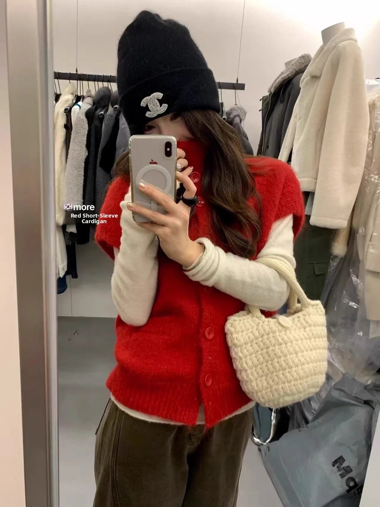 

Red Sleeveless Knitted Woolen Cardigan Korean Style Commute Fashion Soft Bright Thread Design Warm Inner Wear for Women