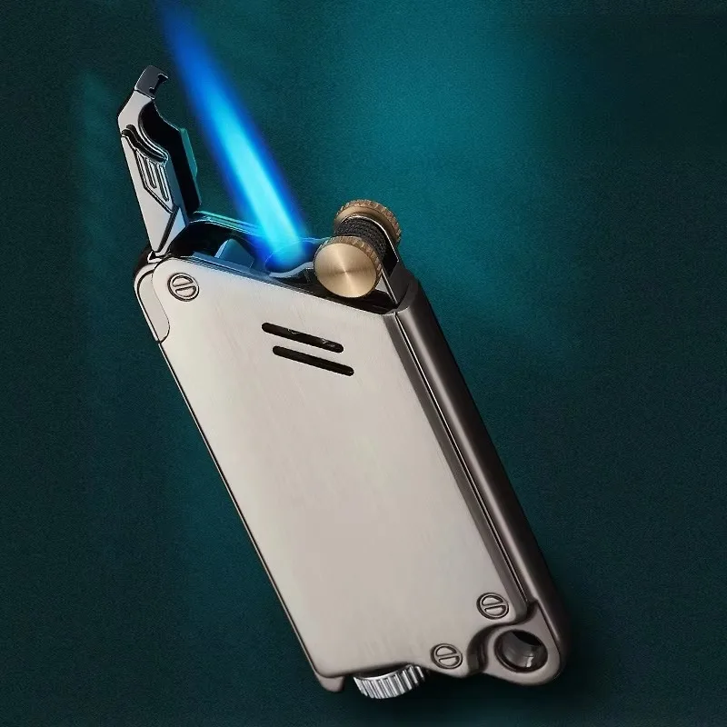 

New Metal Windproof Gas Lighter With Blue Torch Electroplating Material Body Classic Grinding Wheel Ignition Tool Men's Gift