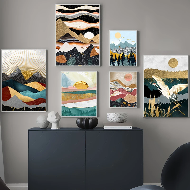 Japanese Geometric Mountain Canvas Painting Bired Crane Poster and Print Golden Sunrise Wall Art Pictures for Living Room Decor
