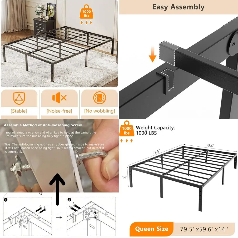 

Металлическая кровать Queen-размера 14 дюймов, усиленная конструкция, без пружинного блока, стальные ламели, простая сборка, бесшумная, 12 дюймов пространства для хранения.