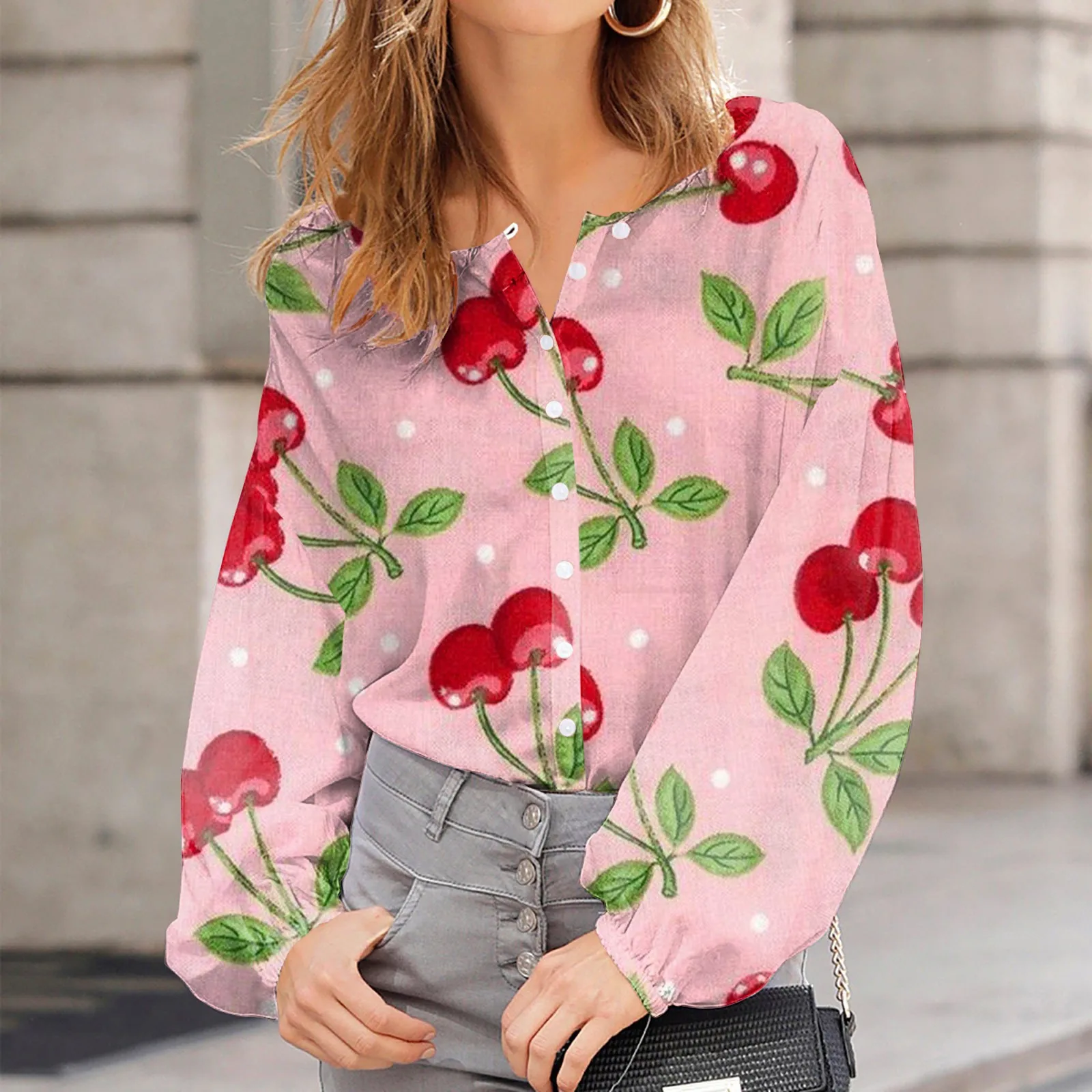 Women's Bubble Sleeve Blouse Summer Chiffon Cherry Printing Top Shirt Elegant Long Sleeve Pullover Tops Boho Button Down Blusas