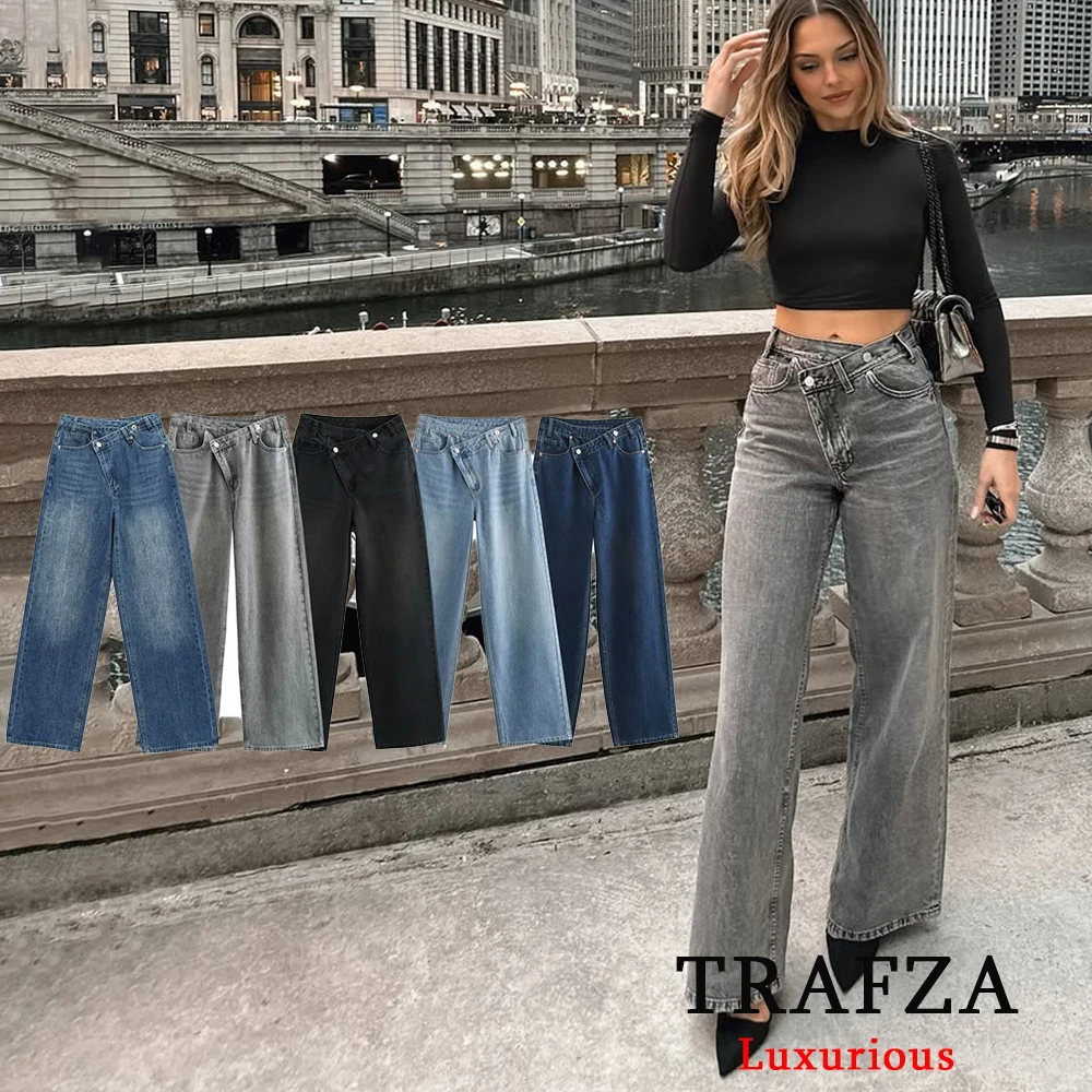 TRAFZA Streetwear High Waist Trousers Women Light Gray Buttons Wide Leg Trousers Female Fashion 2025 Young Lady Causal Pants