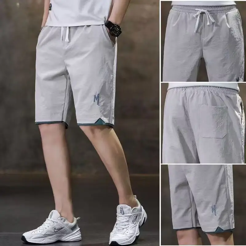 Pantalones cortos de bolsillo clásicos de seda de hielo para hombre, ropa informal, delgada, suelta, cintura con cordón, calle, verano, cinco