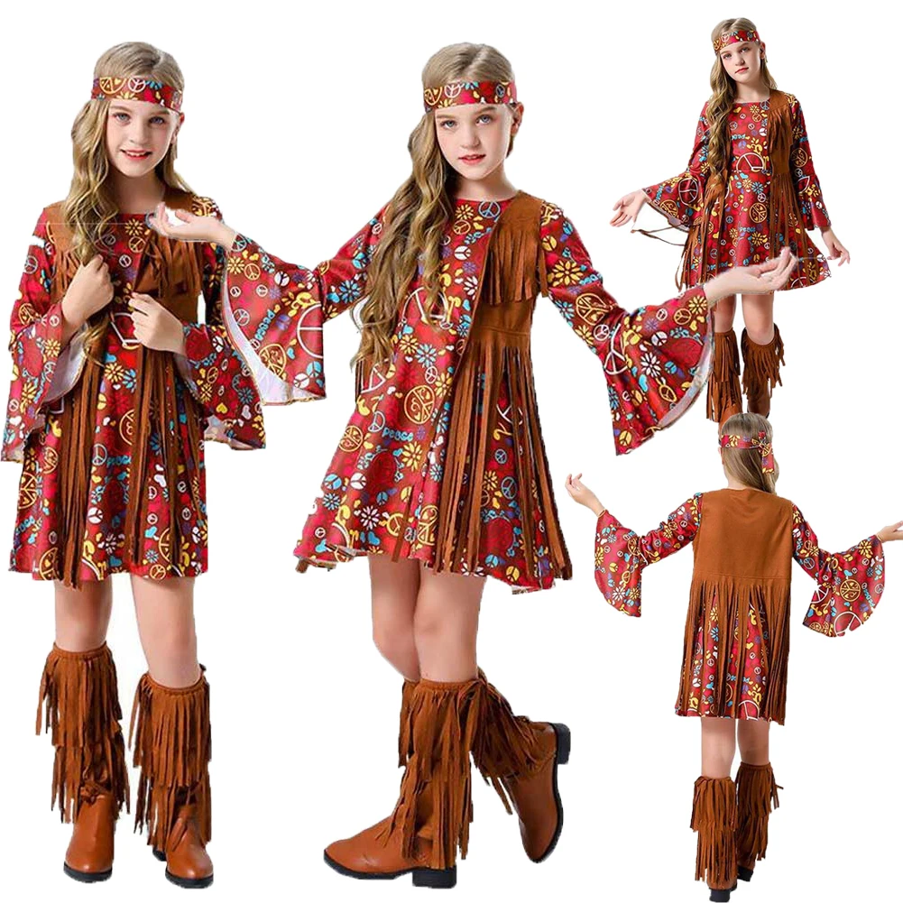 Cos Hippie Cosplay Costume para Crianças, Vestidos De Fantasia, Headgears, Acessórios De Halloween, Terno De Carnaval, Roupas De Meninas