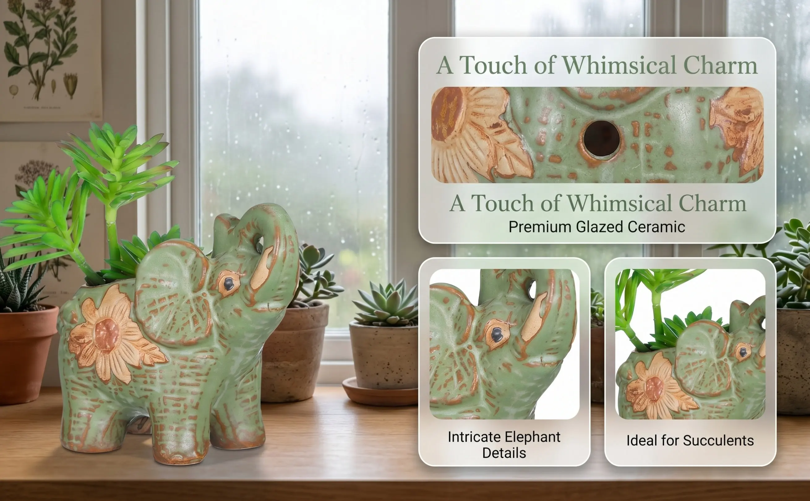 Elephant Shaped Ceramic Succulent Pot Breathable Drainage Hole for Indoor Outdoor Use Desktop Decoration Home Office Living Room