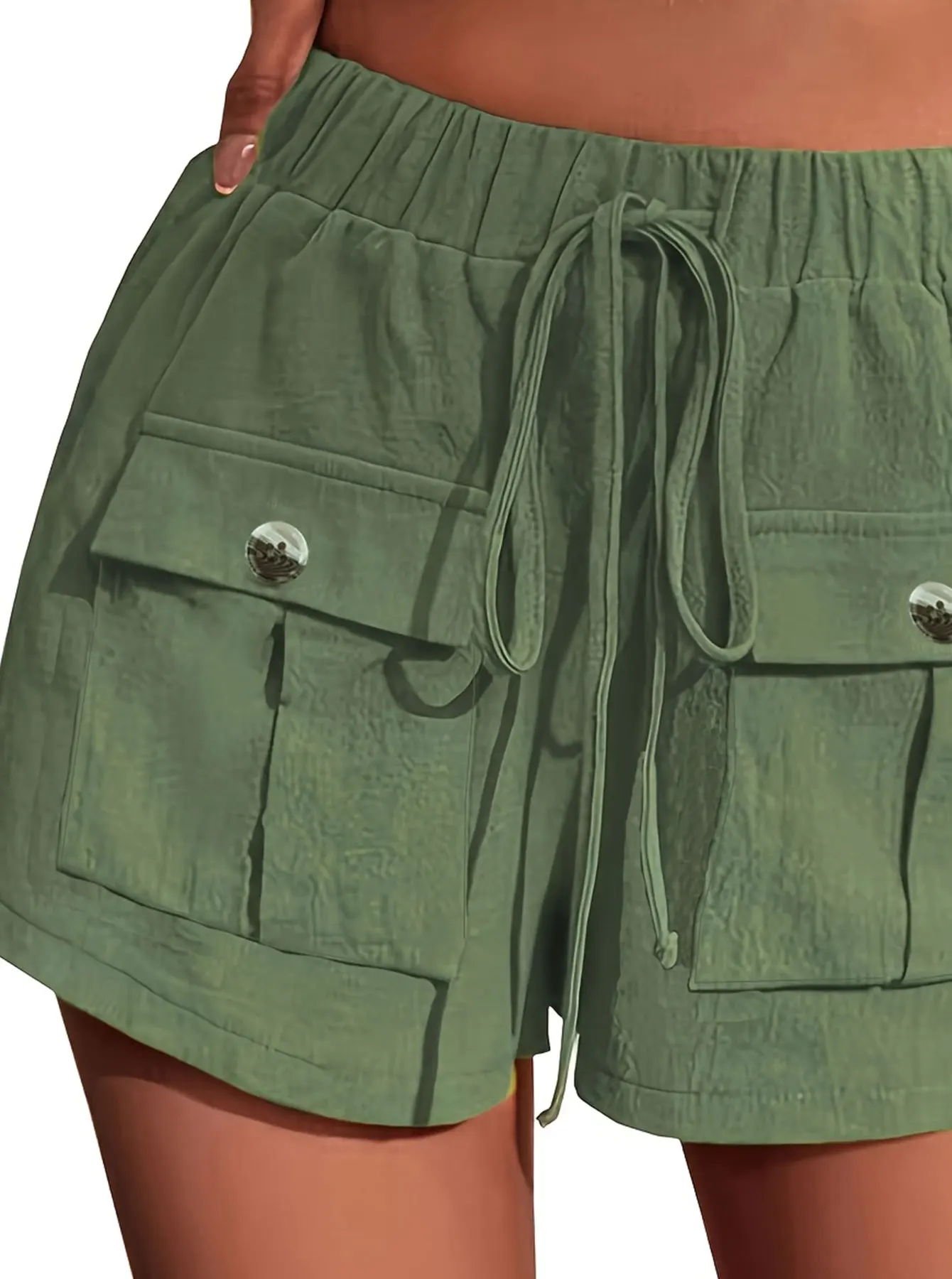 Olive Damen-Shorts, übergroß, gewebt, einfarbig, lässig, bequem, lockere Passform, hohe Taille, knielang, Sommermode, Olive