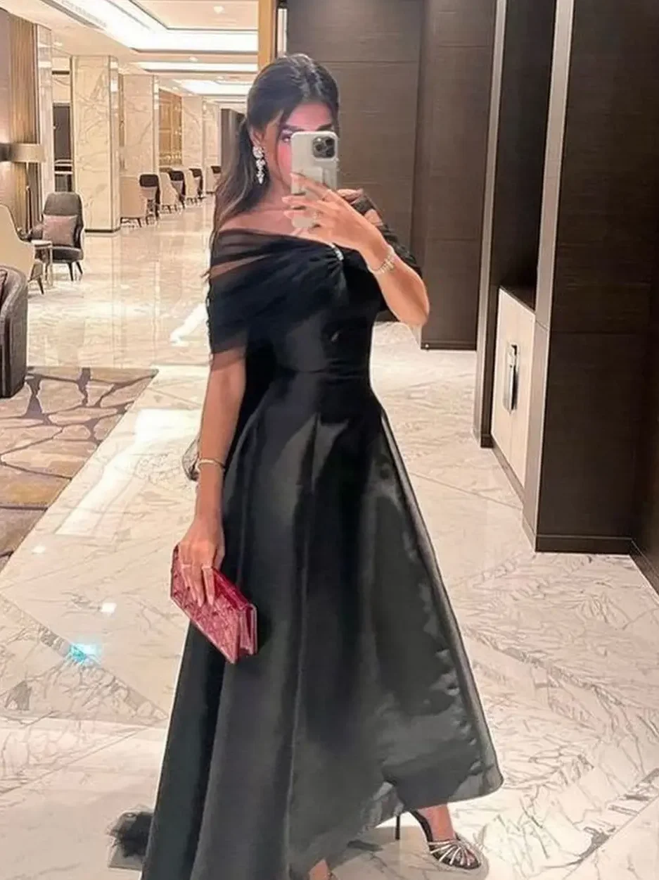 

Prom Dresses Eleagnt Off the Shoulder Tulle Empire Party Dress Floor Length Black A-line Formal Evening Gowns Pleated 2024