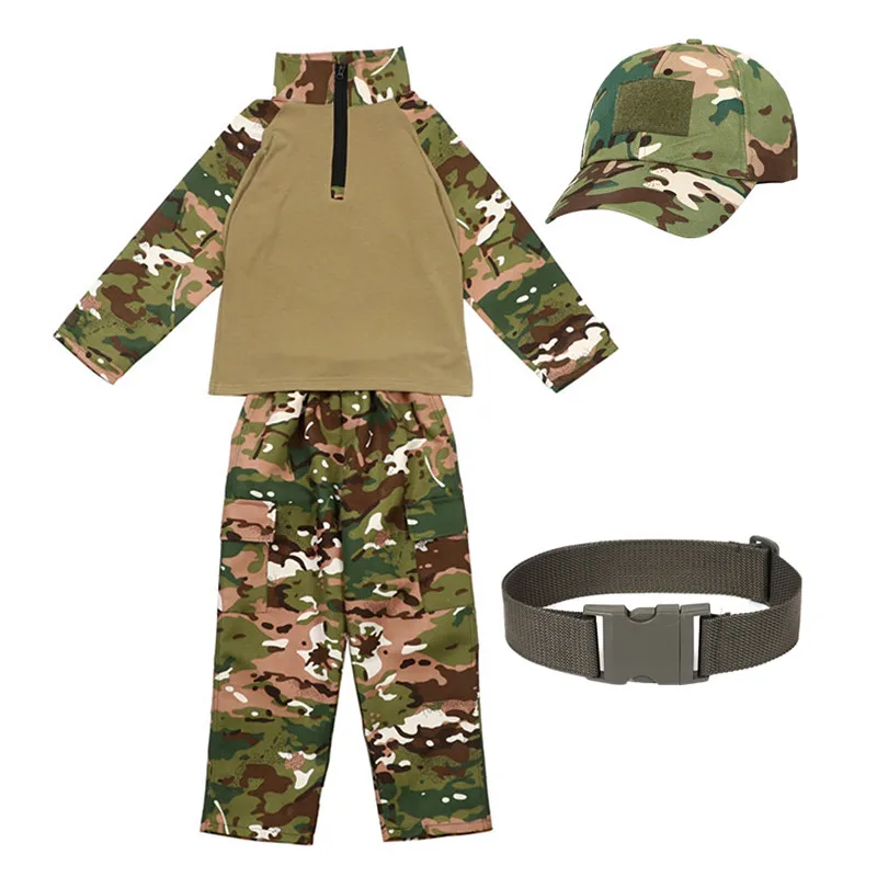Boy Camouflage Suit Set School Gymnastics Suit Outdoor Summer Camp Activity Training Performance Suit with Belt and Hat