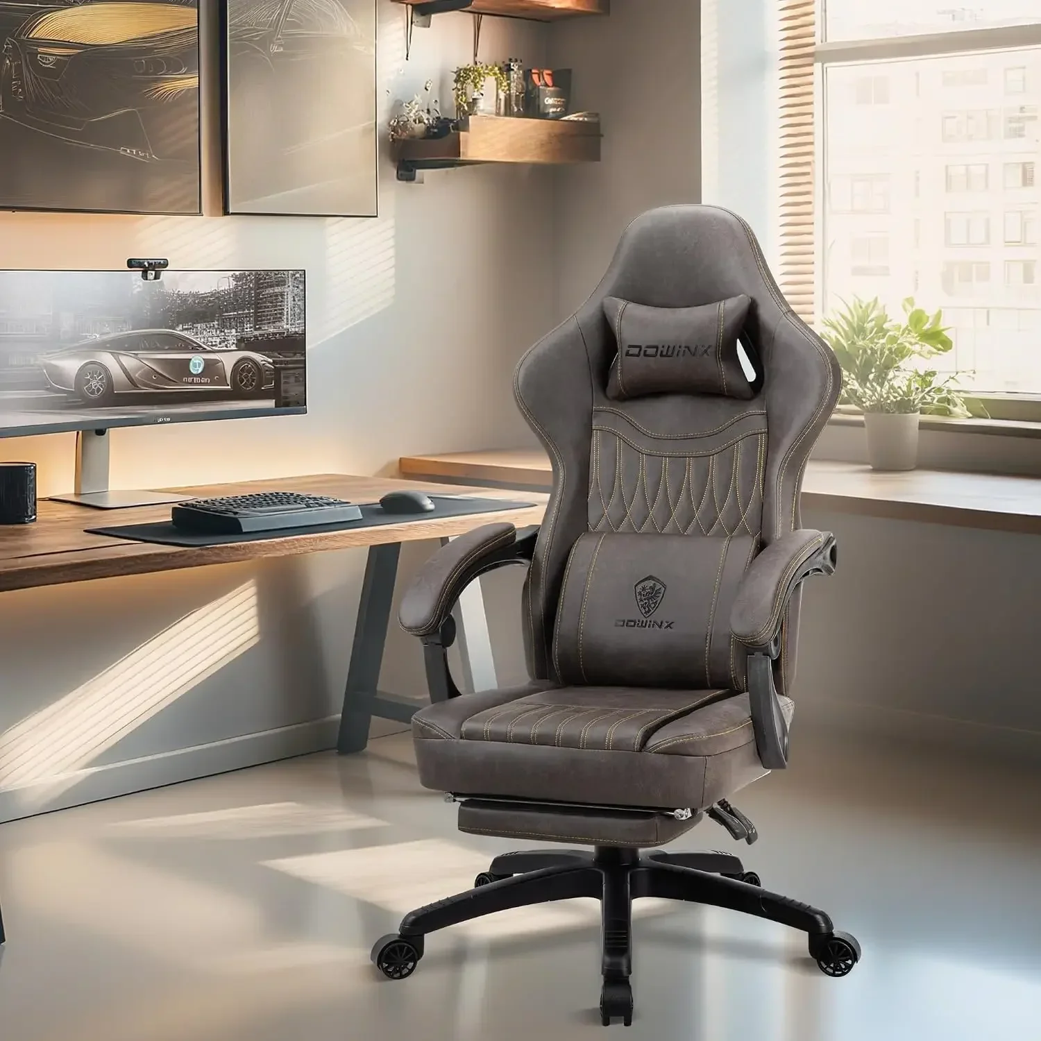 Gaming Chair Breathable PU Leather Gamer Chair with Footrest Massage Lumbar Support, Big and Tall Ergonomic Reclining Computer Chair with Pocket Spring Cushion for Adults Teens (Brown)