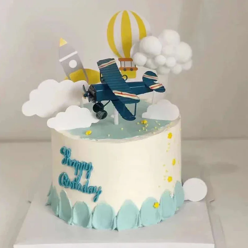 1PC Cute Airplane Cake Topper Cartoon Helicopter Baking Decor For Happy Birthday  Supplies Dessert Ornaments Baby Shower