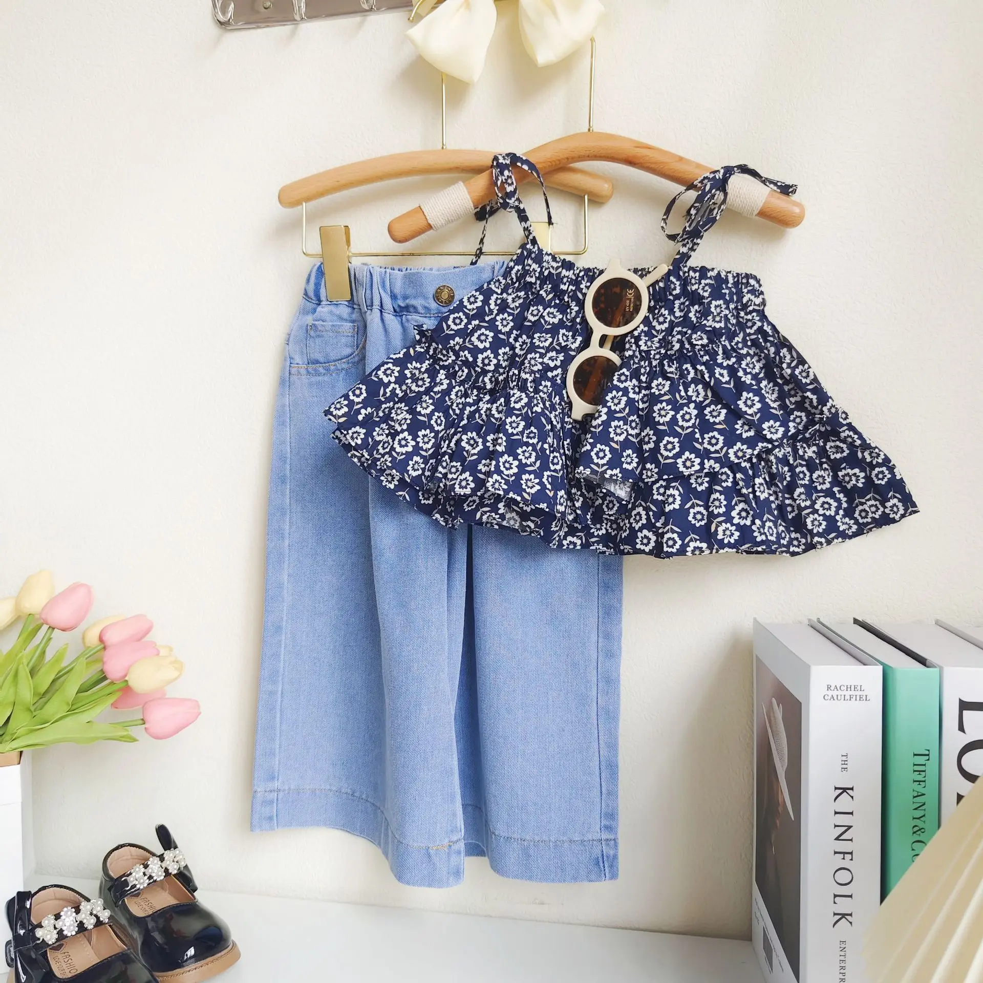 2026 Summer1-8Y  Girls Fashion 2 Piece Set, Floral Spaghetti Strap Cami Top & Denim Wide Leg Pants Outfit for 80-130cm