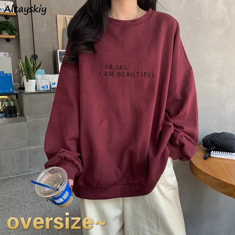 Hoodies Women Letter Baggy Burgundy BF Unisex Couples 2XL Loose All-match Street Style Sweatshirt Casual Harajuku Comfortable