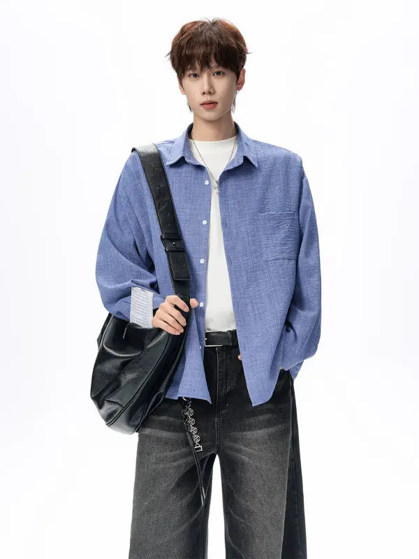 

TANGZ Studio Men's Casual Ice Silk irt Spring Summer Thin Loose Drapey Long Sve Casual Sle Faionable All-Match Collar