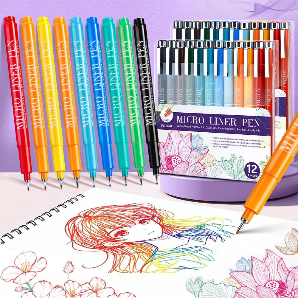12 Colors Micron Needle Pens Quick-dry Ink 0.5mm Hook Fineliner Pen for Handbook Writing Drawing Sketch Colouring Art Stationery