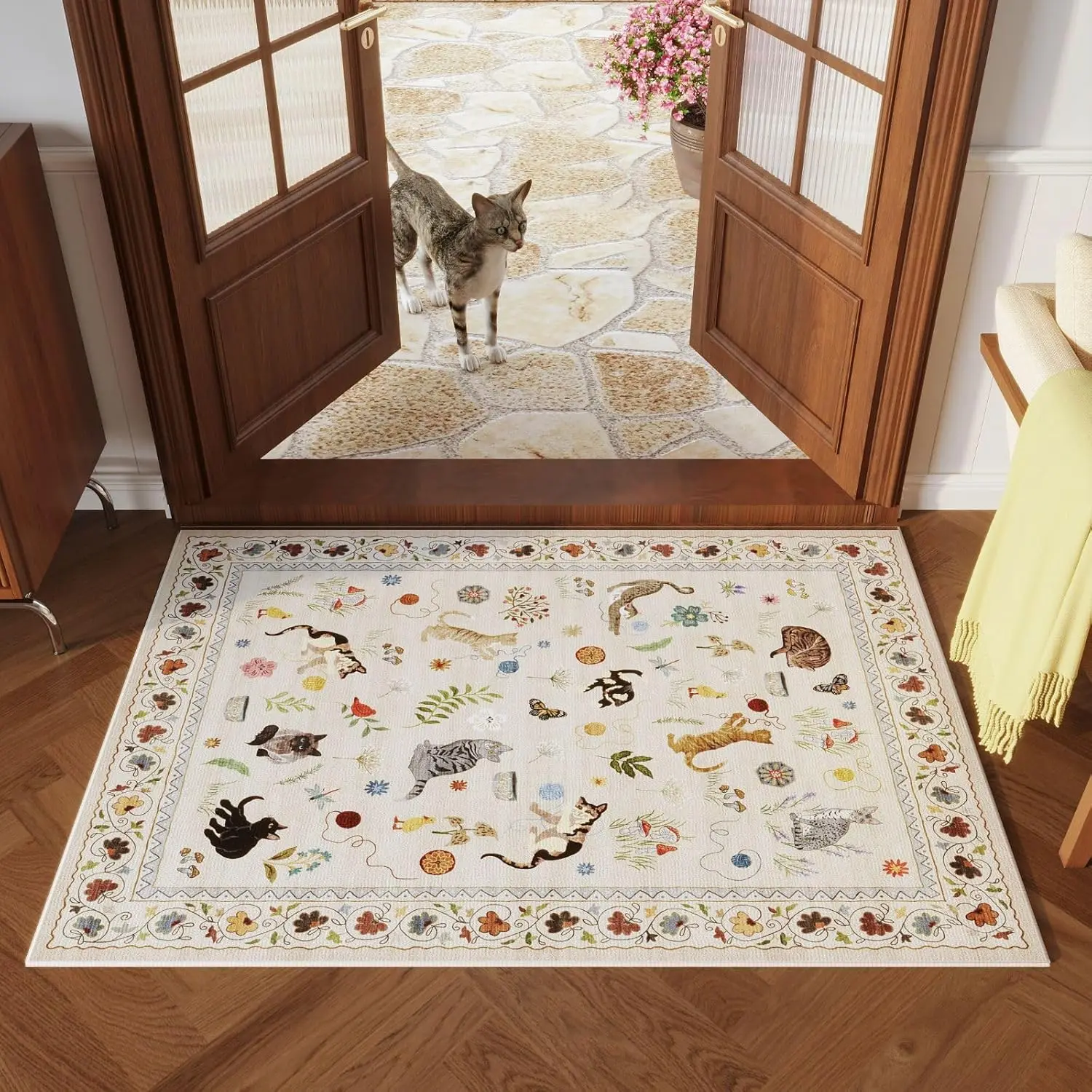 Machine Washable Boho Floral Animal Cat Small Area Rug Non-Slip Low Pile Throw Rugs for Entryway Kitchen Front Door Indoor