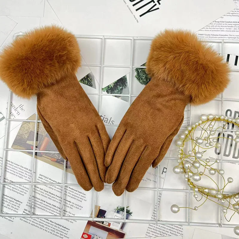 Autumn Winter Women Cute Furry Warm Full Finger Mittens Female Outdoor Cycling Lady Thick Faux Fur Fashion Touch Screen Gloves