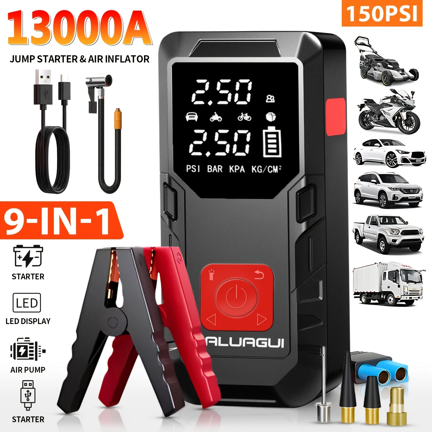 9-in-1 Car Jump Starter with Air Compressor, 150PSI Portable Digital Tire Inflator & Vehicle Battery Charger, for 2.38Gal Gas/2.64Gal Diesel Engines, Built-in LED Emergency Light, Compact High-performance Auto Accessory for Outdoor Adventures