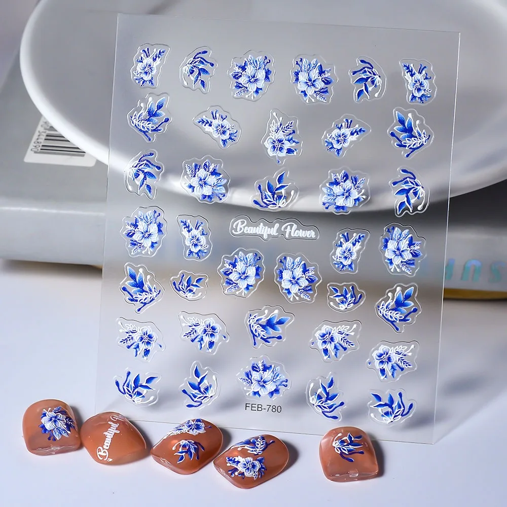 Florals Petals Flowers Flowers Nail Stickers 5D Embossed Bronzing Flowers Nail Decals Pink Blue Nail Supplies